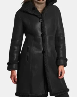 Women Victoria Black Leather Shearling Winter Coat