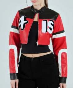 Women's ACE Cropped Graphic Moto Leather Jacket