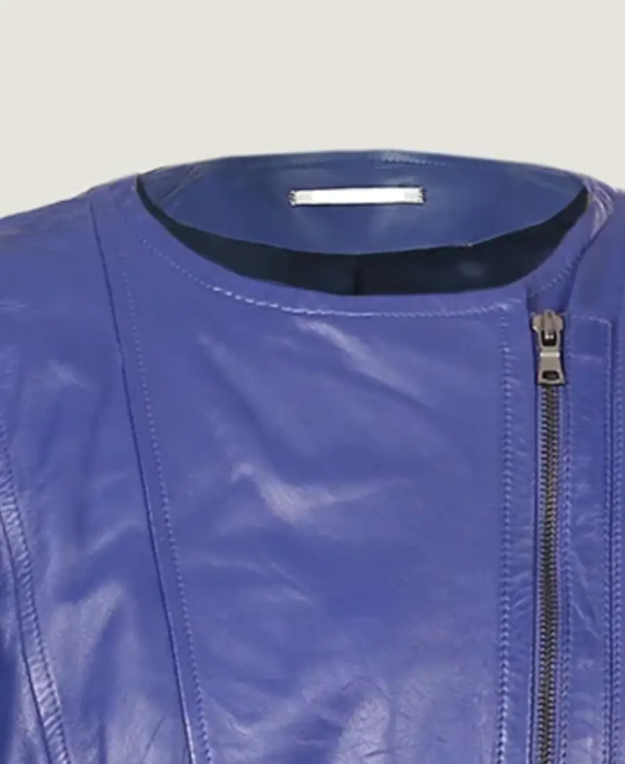 Women’s Classic Blue Leather Jacket Collar