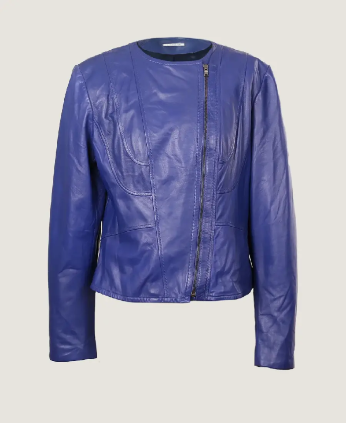 Women’s Classic Blue Leather Jacket Front