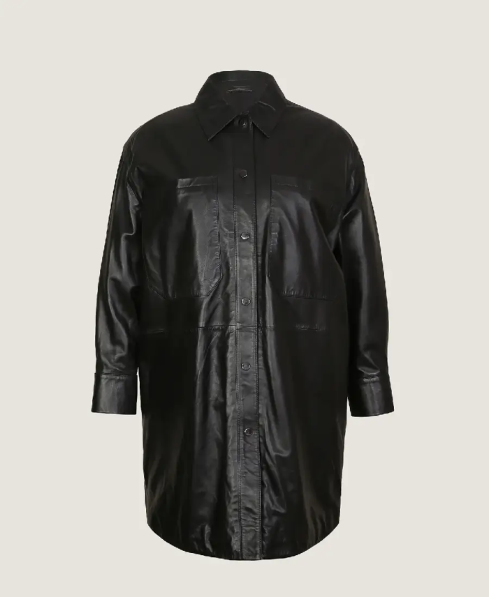 Women’s Classic Long Leather Coat Jacket Front