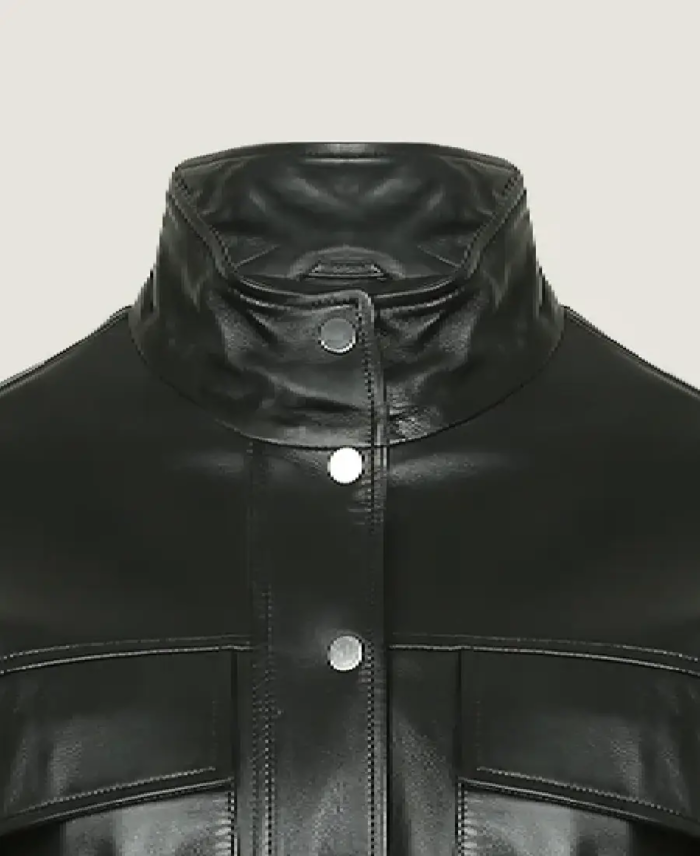 Women’s Oversized Classic Black Leather Jacket Collar