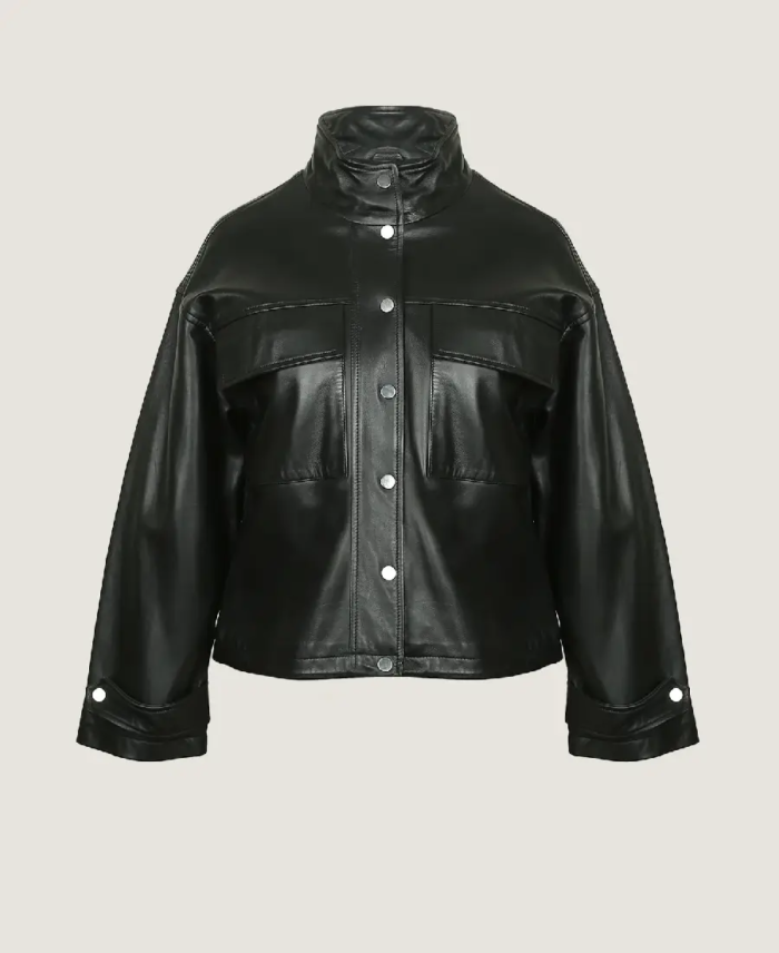 Women’s Oversized Classic Black Leather Jacket Front