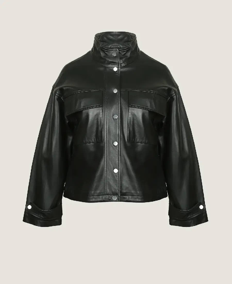 Women’s Oversized Classic Black Leather Jacket Front Women’s Oversized Classic Black Leather Jacket Front