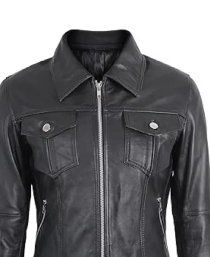 Women’s Removable Hood Black Leather Bomber Jacket Collar