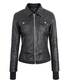 Women’s Removable Hood Black Leather Bomber Jacket Front