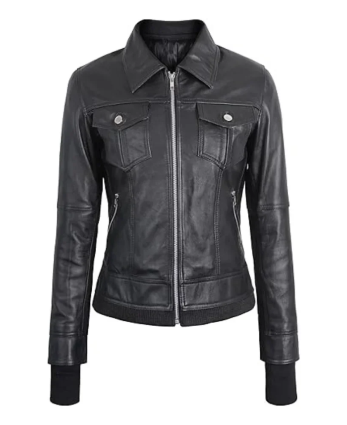 Women’s Removable Hood Black Leather Bomber Jacket Front