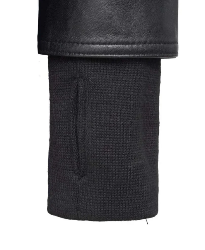 Women’s Removable Hood Black Leather Bomber Jacket Sleeves