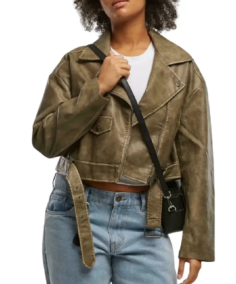 Women’s Share Olive Green Cropped Leather Biker Jacket