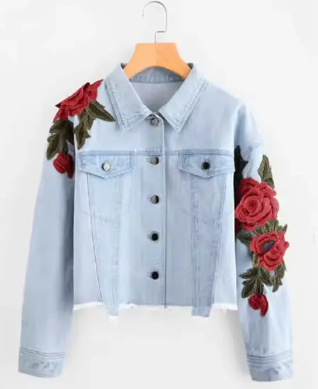 3D Rose Embroidery Patch Denim Jacket