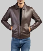 Men’s Dark Brown Harrington Leather Jacket - Image 3