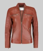 Women’s Classic Brown Cafe Racer Leather Jacket Front Side