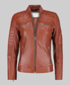 Women’s Classic Brown Cafe Racer Leather Jacket Front Side
