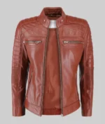 Women’s Classic Brown Cafe Racer Leather Jacket Front