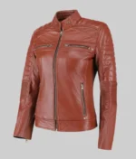 Women’s Classic Brown Cafe Racer Leather Jacket Side