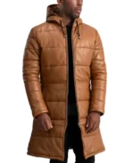Men's Brown Hooded Leather Puffer Coat