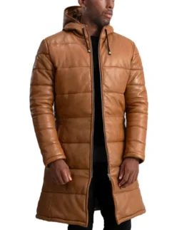 Men's Brown Hooded Leather Puffer Coat