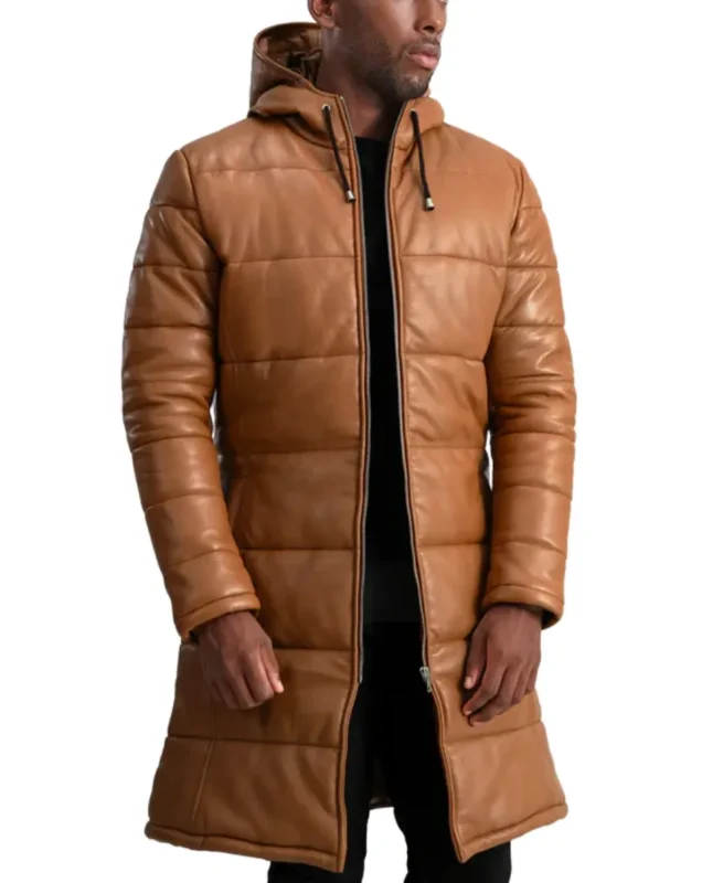 Men's Brown Hooded Leather Puffer Coat