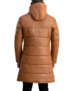Men's Brown Hooded Leather Puffer Coat - Image 2