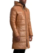 Men's Brown Hooded Leather Puffer Coat - Image 3