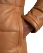 Men's Brown Hooded Leather Puffer Coat - Image 4