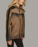 Women Color Block Racer Leather Jacket - Image 4