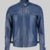 Men’s Blue Cafe Racer Quilted Biker Leather Jacket