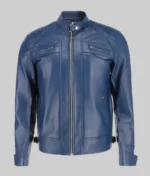 Men’s Blue Cafe Racer Quilted Biker Leather Jacket