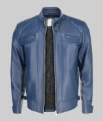 Men’s Blue Cafe Racer Quilted Biker Leather Jacket - Image 2