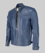 Men’s Blue Cafe Racer Quilted Biker Leather Jacket - Image 3