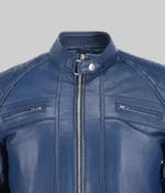 Men’s Blue Cafe Racer Quilted Biker Leather Jacket - Image 4