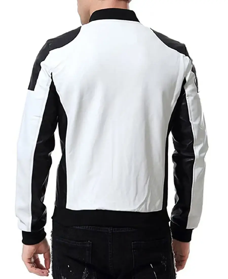 Men Black And White Leather Jacket Back