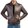 Men Chocolate Brown Shirt Collar Vegan Leather Jacket