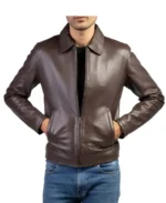 Men Chocolate Brown Shirt Collar Vegan Leather Jacket