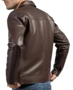 Men Chocolate Brown Shirt Collar Vegan Leather Jacket - Image 2