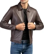 Men Chocolate Brown Shirt Collar Vegan Leather Jacket - Image 3