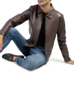 Men Chocolate Brown Shirt Collar Vegan Leather Jacket - Image 4