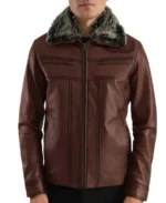 Men Fur Collar Brown Leather Jacket