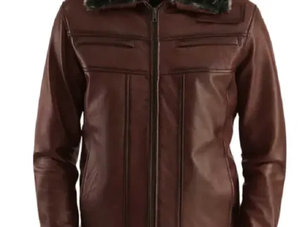 Men Fur Collar Brown Leather Jacket