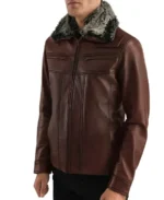 Men Fur Collar Brown Leather Jacket - Image 3