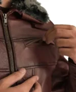 Men Fur Collar Brown Leather Jacket - Image 5