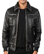 Men's Aaron Black Leather Bomber Jacket - Image 3