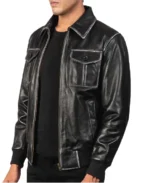 Men's Aaron Black Leather Bomber Jacket - Image 4