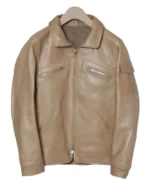 Men's Beige Bomber Leather Jacket