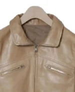 Men's Beige Bomber Leather Jacket Collar