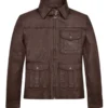 Men's Belted Collar Dark Brown Leather Jacket