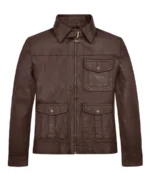 Men's Belted Collar Dark Brown Leather Jacket
