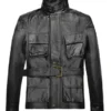 Men's Belted Solid Black Leather Jacket