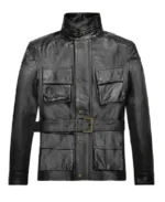 Men's Belted Solid Black Leather Jacket