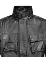 Men's Belted Solid Black Leather Jacket Collar